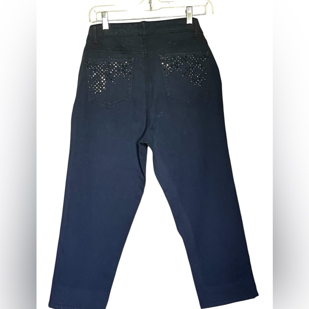 LAURA ASHLEY DK BLUE STRAIGHT LEG CAPRIS JEANS SIZE 8 EMBELLISHED BACK PKTS